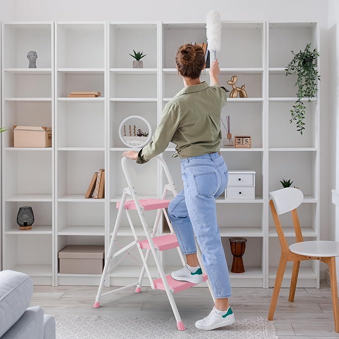 BONTEC 3-Step Ladder, Folding Step Stool, 600lbs Max Load Capacity, Sturdy Steel, Non-Slip Pedals, Lightweight, Portable Steel Ladder with Convenient Handrail, Safety Design for Home & Work, Pink