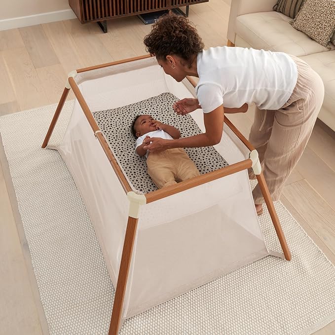 Tutti Bambini CoZee® Go 3-in-1 Bassinet, Baby Playpen & Travel Crib with Mattress Included - Lightweight, Breathable & Foldable Baby Play Pen from Birth to 3 Years (Walnut & Ecru)