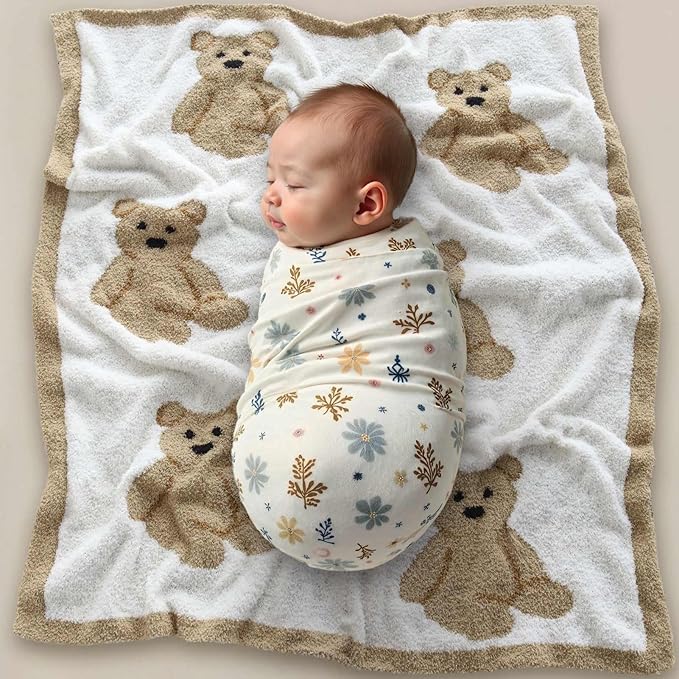 LifeTree Cozy Plush Baby Blanket - Soft Fuzzy Swaddle & Receiving Blanket for Toddler Nursery, Crib, Stroller, Warm & Lightweight for Girls and Boys, 31x40 Inches, Bear Pattern