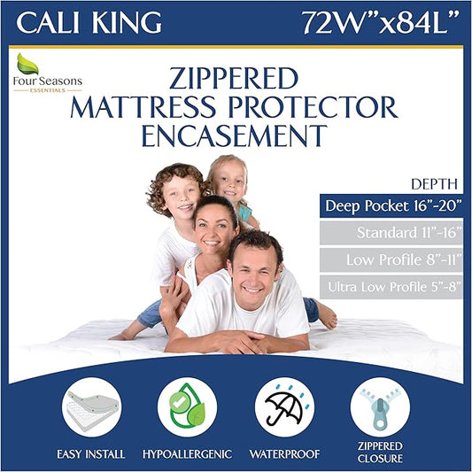 California King Mattress Protector Bedbug Waterproof Zippered Cover - Deep Pocket Fits up to 20" Depth - Hypoallergenic Premium Quality Encasement Protects Against Dust White