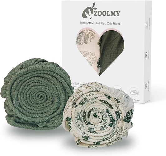 Zdolmy Muslin Crib Sheets for Girl Boy, 2 Pack 100% Cotton Crib Sheet for Standard Crib Mattress(28"x 52"), Fitted and Soft Breathable Crib Mattress Sheet, 360° Wrapping (Monstera & Dark Green)