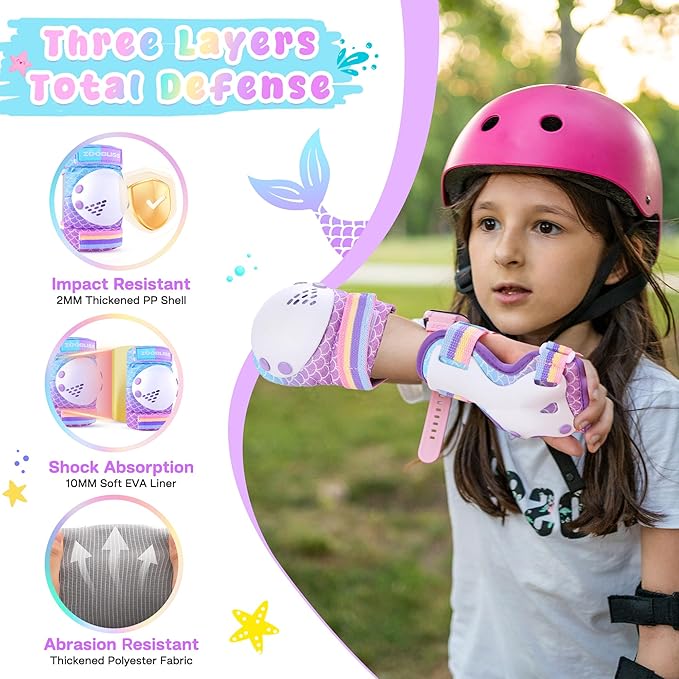 Knee Pads for Kids - ZOOBLISS Toddler Knee and Elbow Pads Set Wrist Guards for Skating Girls Aged 3-12, Kids Protective Gear for Roller Skates Skateboard Bike Scooter, Included Drawstring Bag(Rainbow)