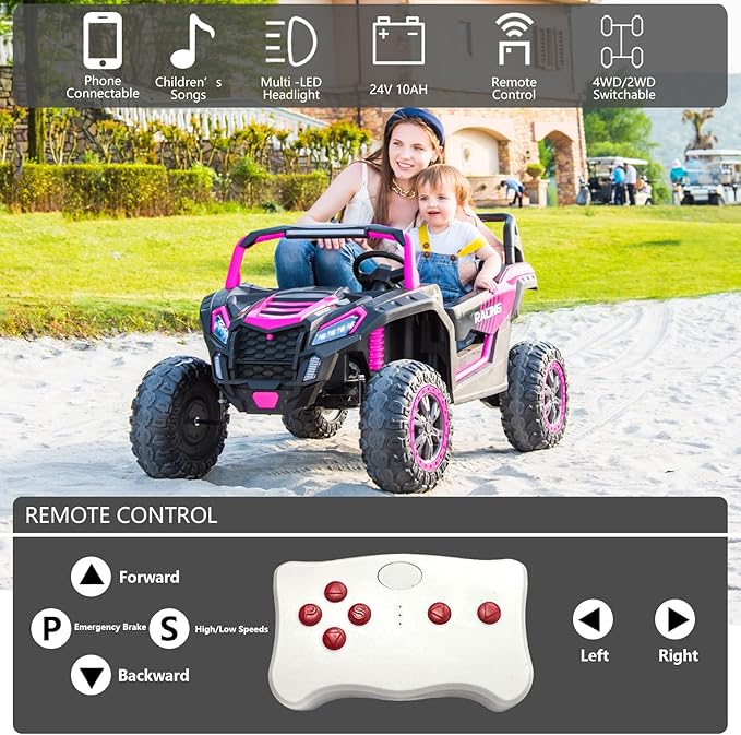 POSTACK XXXL 24V 2 Seater Ride On Car with Remote Control 4WD Ride On Toys for Big Kids 4x4 Battery Powered Electric UTV for Kids 3-12 Year Off Road Truck with LED Lights 3 Speeds Bluetooth, Pink