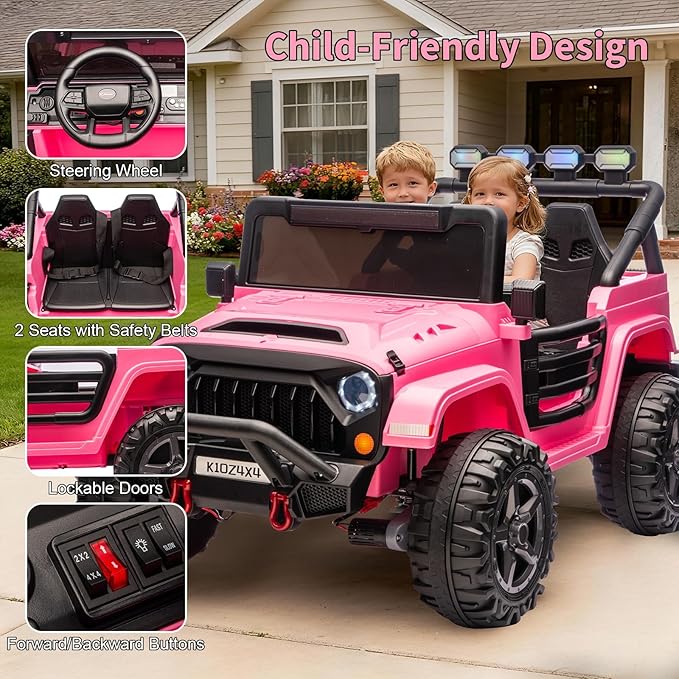 24V Ride on Toys for Big Kids, 2 Seater Ride on Cars with Remote Control, Ride on Truck w/ 4-Wheeler Suspension, 3 Speeds, Led Lights, Bluetooth Music Player