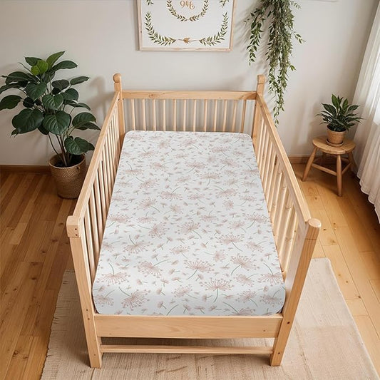 Pink Dandelions Flower Baby Crib Sheets for Boy Girl 52x28Inch Nature Neutral Floral Soft Stretchy Fitted Crib Mattress Cover Spring Summer Baby Sheet for Crib and Toddler Bed Mattresses