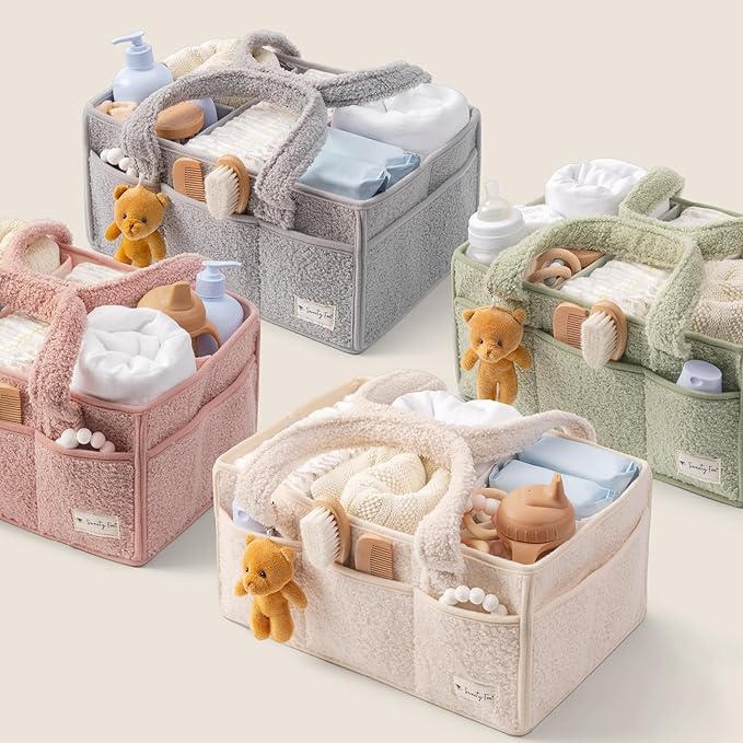 Sweety Fox Baby Diaper Caddy Organizer with Handle - Portable Sherpa Nursery Basket - Car Diaper Organizer, Cleaning Caddy, Gift for Baby Shower - Green