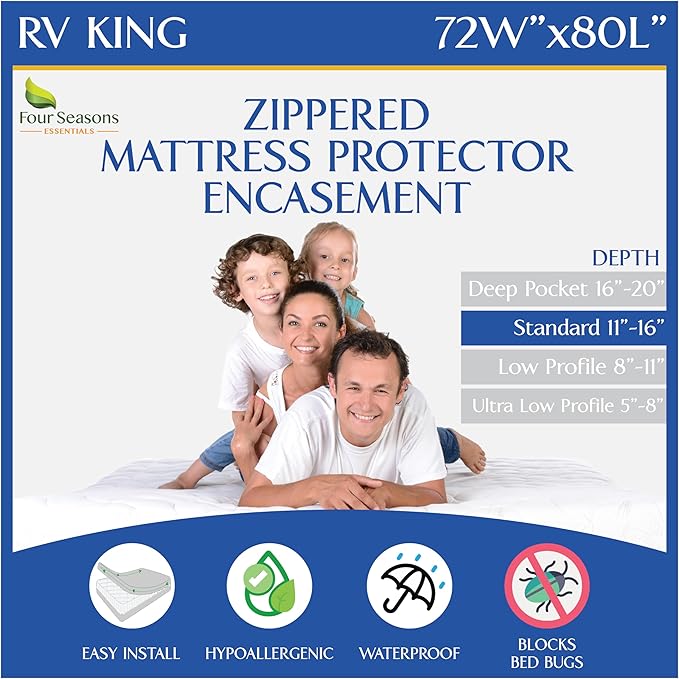 RV King Zippered Mattress Protector (72" Wx80 L) - Waterproof Encasement Premium Hypoallergenic Bed Cover Protects Against Bedbugs Dust Allergies - Breathable, Noiseles