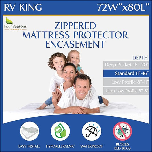 RV King Zippered Mattress Protector (72" Wx80 L) - Waterproof Encasement Premium Hypoallergenic Bed Cover Protects Against Bedbugs Dust Allergies - Breathable, Noiseles