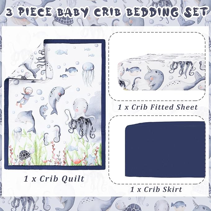 3 Pcs Baby Crib Bedding Set Under The Sea Ocean Nursery Nautical Crib Set Includes Ocean Quilt, Fitted Sheet, Skirt for Baby Boy Girl(Blue)