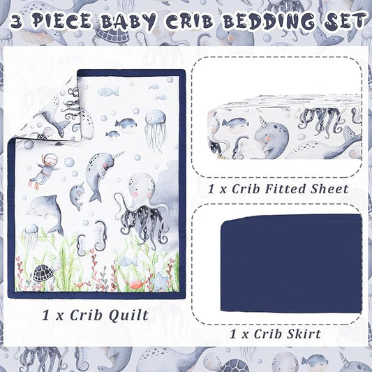 3 Pcs Baby Crib Bedding Set Under The Sea Ocean Nursery Nautical Crib Set Includes Ocean Quilt, Fitted Sheet, Skirt for Baby Boy Girl(Blue)
