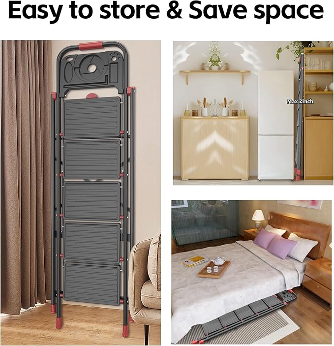 5 Step Foldable Step Ladder with Mutifunctional Tool Tray, Platform Ladders Stepstools, Step Stool 5 Step Folding with Non-Slip Pedals, 800lbs Bearing Capacity for Adults, Home, Kitchen, Black Red