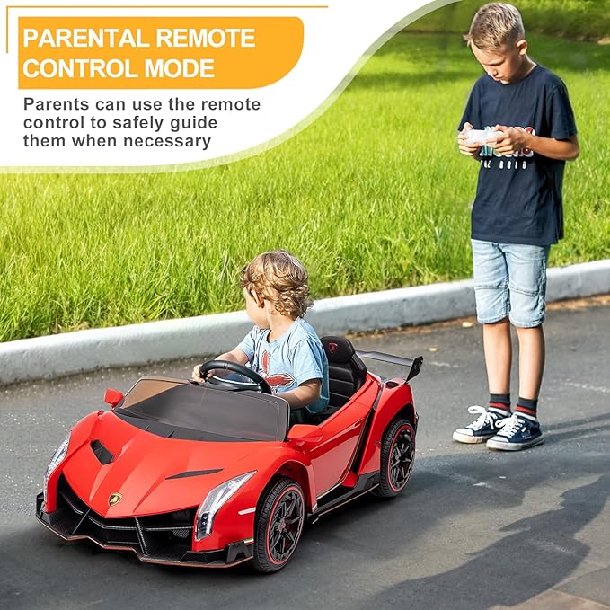 Winado 12V Ride on Car, Electric Vehicle Licensed Lamborghini Veneno for Kids, Battery Powered Car Toy w/Parent Control, Hydraulic Doors, 3 Speeds, LED Headlights, Horn, Engine Sounds - Red