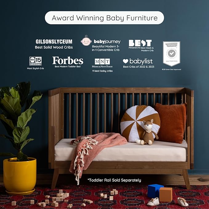 dadada Baby Soho 3-in-1 Convertible Wooden Crib to Toddler Bed - Made in Italy, GREENGUARD Gold Certified, Baby-Safe Finish, Handcrafted Beechwood, Modern Design, 3 Adjustable Heights (Walnut)