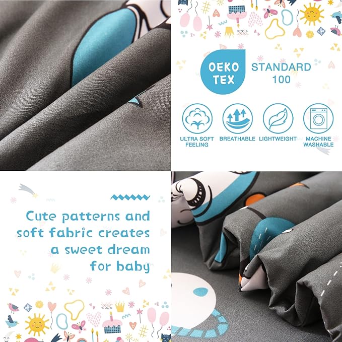 JSD Grey Astronaut Toddler Bedding Set, 4 Piece Space Theme Bed-in-a-Bag Comforter Sheet Set, Machine Washable