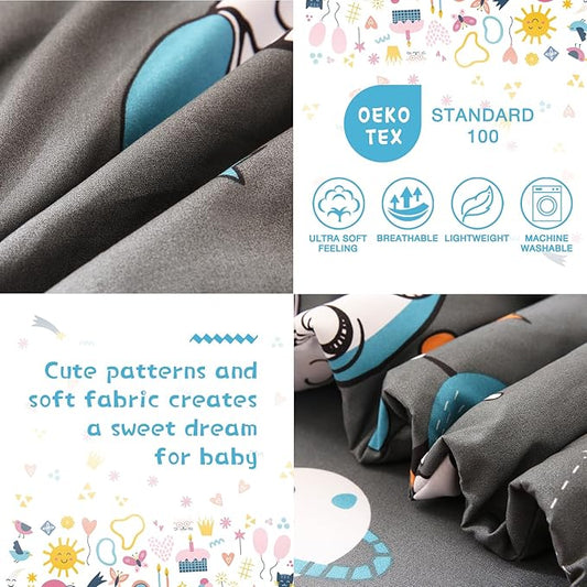 JSD Grey Astronaut Toddler Bedding Set, 4 Piece Space Theme Bed-in-a-Bag Comforter Sheet Set, Machine Washable