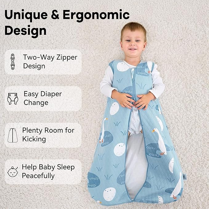 Baby Sleep Sack 0-6 Months 1.5 Tog Baby Wearable Blanket 100% Cotton Fabric Warm Sleeping sack with 2-Way Zipper Quilted for Infant Newborn Tog Blue Duck