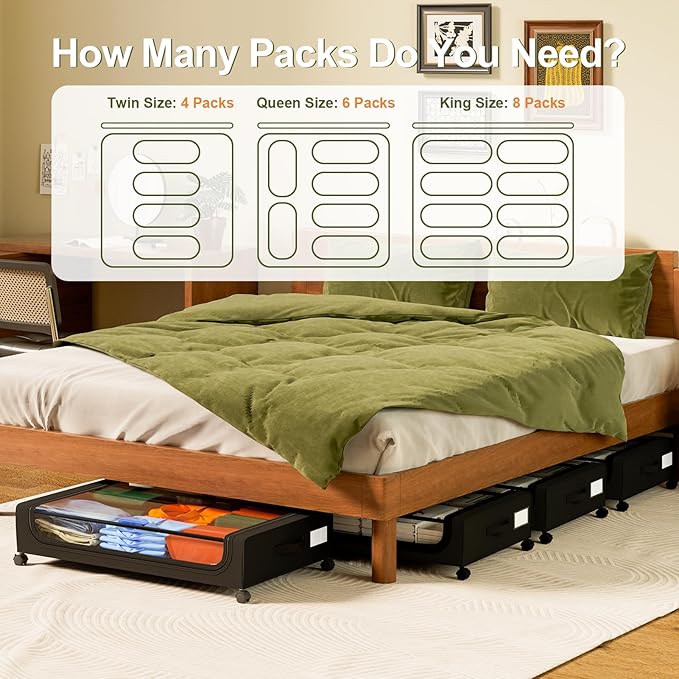 GoMaihe Under Bed Storage with Wheels: XXL Underbed Storage Containers with Clear Lids - Rolling Drawers & Bins for Shoes Clothes in Dorm Bedroom - Space-Saving Easy Pull-out Black 4-Pack