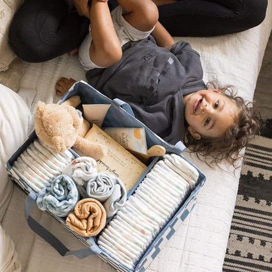 Tiny Twinkle Diaper Caddy Organizer | Foldable Baby Storage Basket with Removable Divider | Waterproof & Mess-Proof Fabric, Portable Nursery Organizer for Newborn Essentials (Blue Checkers)