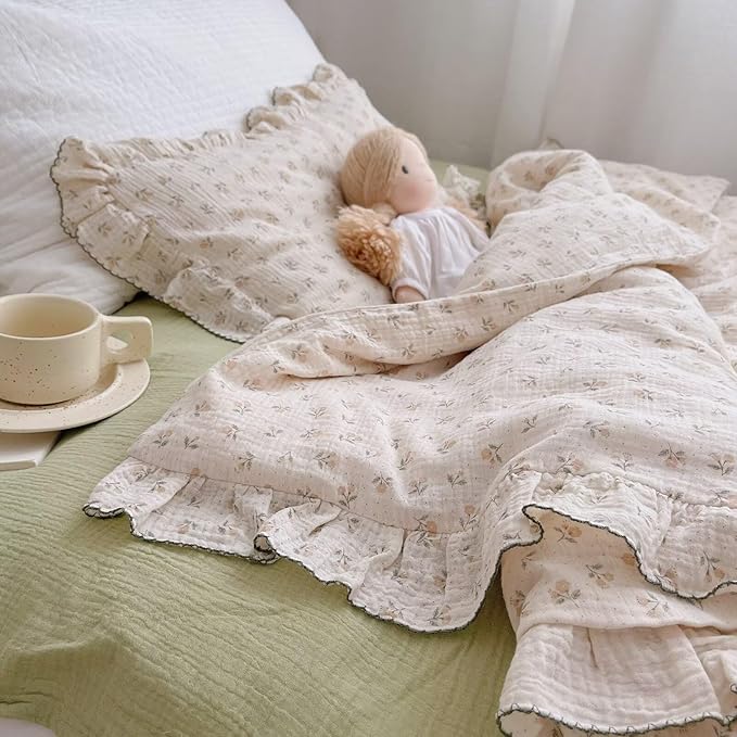 BuLuTu Girls Toddler Duvet Cover 47 x 59 Inch, Soft Muslin Cotton Crib Duvet Covers for Summer Quilt Cover Toddler Baby Bedding Gift, Sprout Print (No Pillow Shams)