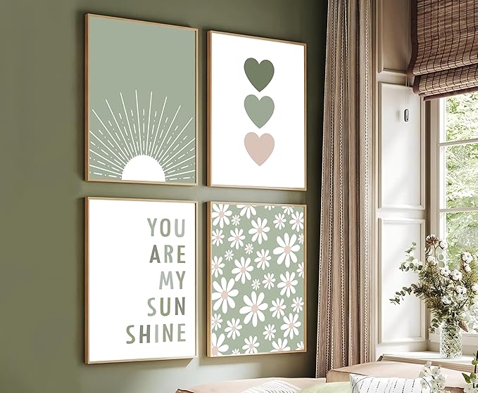 Boho Wall Art Set of 4 Sage Green Nursery Wall Decor You Are My Sunshine Canvas Painting Prints Daisy Flower Cute Heart Pattern Posters Baby Room Pictures for Bedroom Kid Girls Room 12x16 In Framed