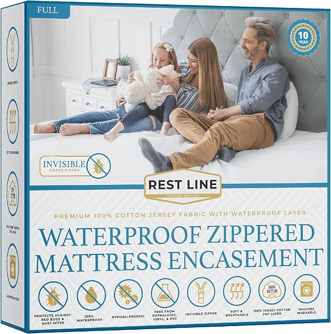 Full/Double 54x75” Premium Waterproof Zippered Mattress Encasement, 100% Cotton, Hypoallergenic, Six Sided Mattress Cover, Invisible Zippered, Soft Breathable up to 15" Deep - Rest Line