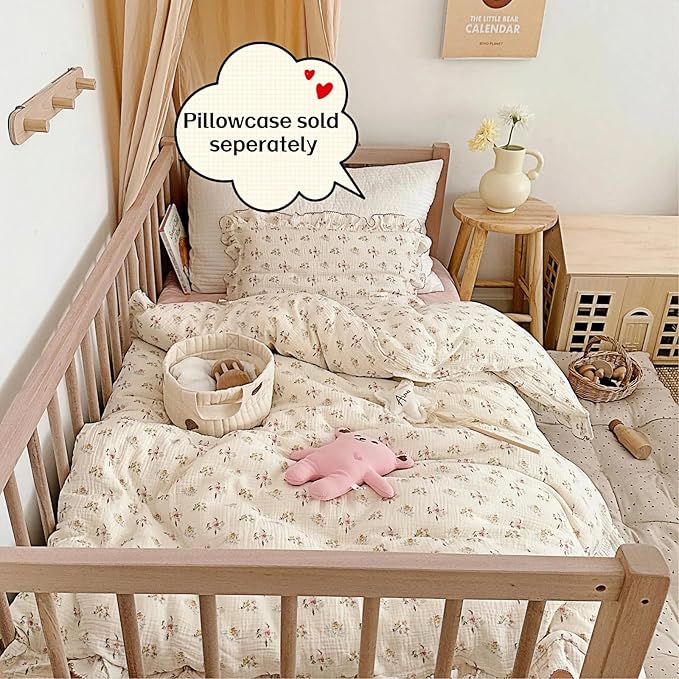 BuLuTu Muslin Cotton Toddler Duvet Cover Soft Double Layers Gauze Bedding Duvet Covers for Toddler Girls Kids Quilt Cover, 47"x59", Azalea Print (No Pillow Cases)