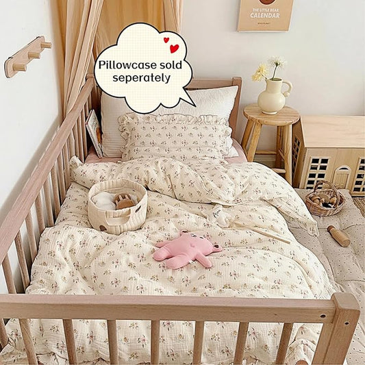 BuLuTu Muslin Cotton Toddler Duvet Cover Soft Double Layers Gauze Bedding Duvet Covers for Toddler Girls Kids Quilt Cover, 47"x59", Azalea Print (No Pillow Cases)