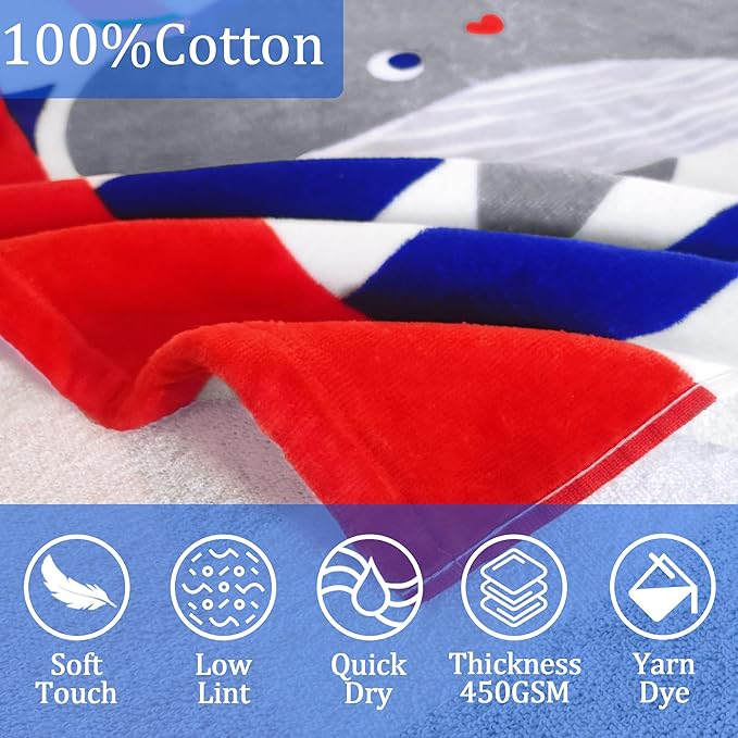 VOOVA & MOVAS Hooded Beach Towel for Kids,(3-8 Years, 30''X50),Absorbent 100% Cotton Towel Wrap for Boys, Perfect for Toddler Beach, Pool, Bath, Swimming, Hula-Hooping Narwhal