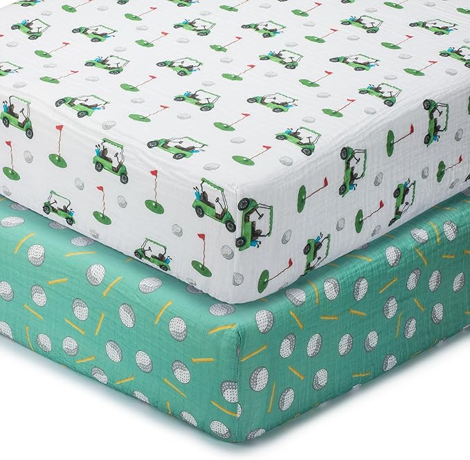 LollyBanks Muslin Crib Sheets 2 Pack, 100% Cotton Neutral Baby Crib Sheets for Standard 52"x28" Mattress, Soft Fitted Sheet for Boys and Girls, Baby Bedding Essentials (Golf Cart and Golf Balls)