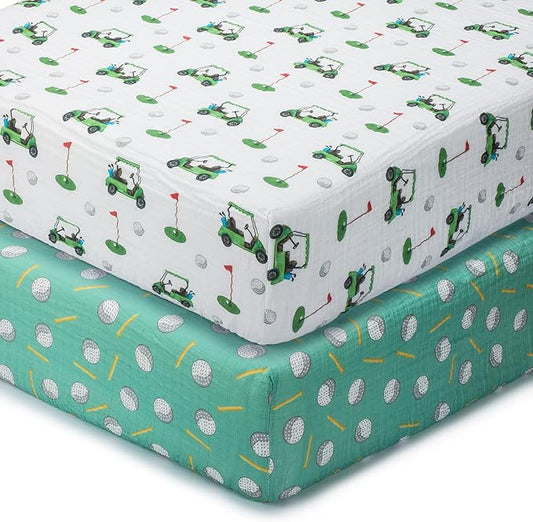 LollyBanks Muslin Crib Sheets 2 Pack, 100% Cotton Neutral Baby Crib Sheets for Standard 52"x28" Mattress, Soft Fitted Sheet for Boys and Girls, Baby Bedding Essentials (Golf Cart and Golf Balls)