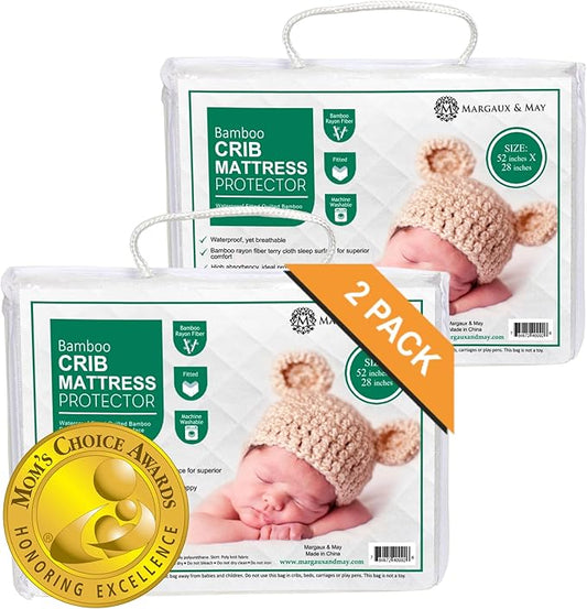 Margaux & May Crib Mattress Protector Pad 2 Pack - Ultra-Soft Waterproof Breathable Premium Bamboo Rayon - Noiseless Fitted Dryer Safe Cover for Crib. High Absorbency Oeko-TEX Certified
