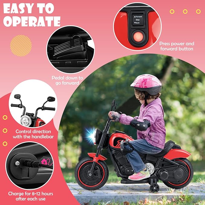 HONEY JOY Ride On Motorcycle, 6V Toddler Motorcycle with LED Light, Music, Foot Pedal, Forward/Backward, Soft Start, 3-Wheel Battery Powered Electric Motorcycle for Kids, Gift for Boys Girls (Red)