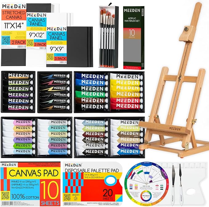 MEEDEN 72PCS Deluxe Acrylic Paint Set, Artist Painting Kit with Beech Wood Tabletop Easel, 48 Colors x 22ml Acrylic Painting Set, Canvas, Paint Brushes, Art Supplies for Adults, Beginners