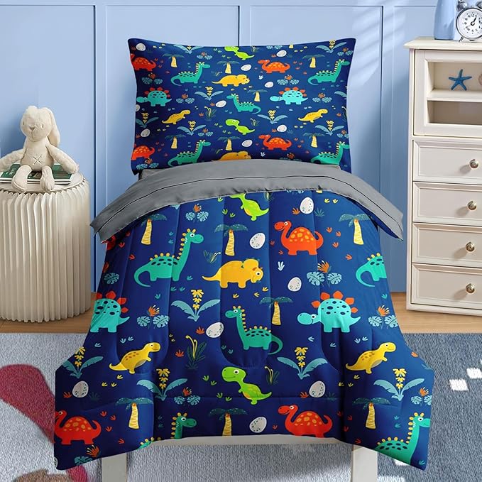 Nesker Comforter Set Toddler Size, Blue Dino 4 Pcs Bedding for Kids Teens, Dinosaur Bed Sheet with Pillowcase & Sham