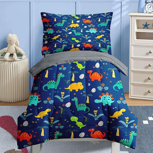 Nesker Comforter Set Toddler Size, Blue Dino 4 Pcs Bedding for Kids Teens, Dinosaur Bed Sheet with Pillowcase & Sham