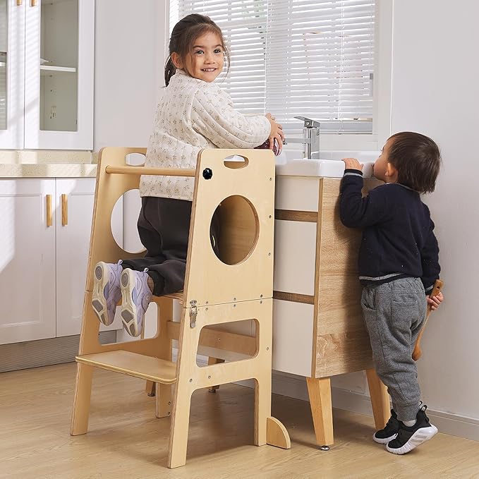 SHWWQUE Toddler Tower Step Stool for Kids Kitchen Stool Helper Toddler Standing Tower Foldable Children Table Kids Table and Chair Set Montessori Helper Tower Natural