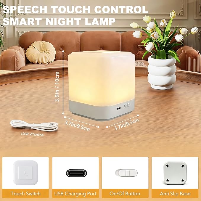 LIPKAHH Touch Lamp for Nightstand,Speech Control Bedside Lamp Touch Control for Bedrooms,Smart Rechargeable Night Light,Eye Caring Battery Dimmable Night Lamp for Nursery Kids & Adult