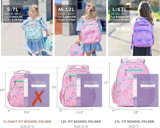 mibasies Girls Backpack 5-8: Lightweight Kids Backpacks for Girls - Girl Bookbag for Elementary School - Rainbow Pink