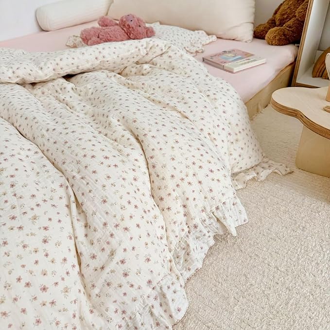BuLuTu Muslin Cotton Pink Floral Print Duvet Cover for Toddler Girls Kids Comforter Cover for Toddler Bed/Crib Duvet Cover with Ruffles, 47"x59", No Pillow Cases