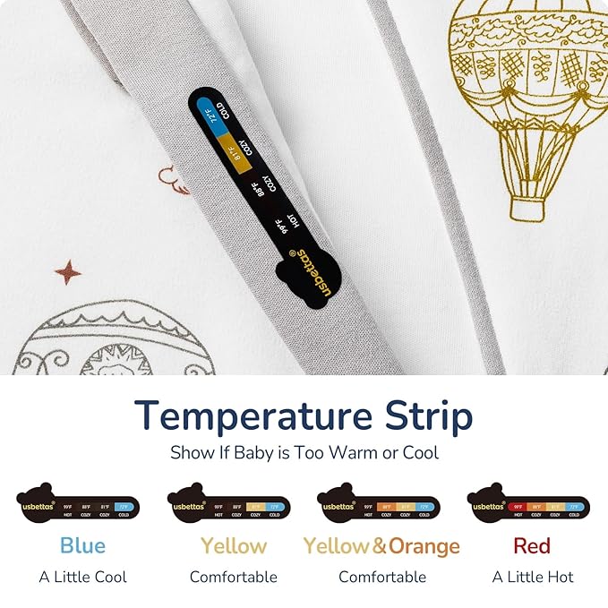Baby Sleep Sack 12–18 Months, Cotton Sleep Sack with Detachable Long Sleeves, 1.0 TOG Wearable Blanket for Cooler Nights, 2-Way Zipper Toddler Sleeping Sack with Temperature Strip, Hot Air Balloon