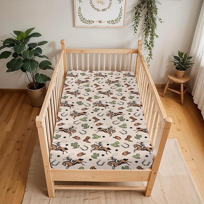 Retro Western Cowboy Baby Crib Sheets for Boy Girl 52x28Inch Cowboy Boots Hat Horse Cactus Soft Snug Fitted Crib Mattress Cover Wild West Desert Baby Sheet for Standard Crib & Toddler Mattress Pad