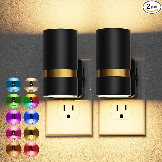 JandCase Night Lights Plug into Wall,2 Pack 10-Color Change RGB Night Light with Dusk to Dawn, 10/25/50/75/100LM Dimmable Plug in LED Nightlight for Bedroom, Hallway, Stairs