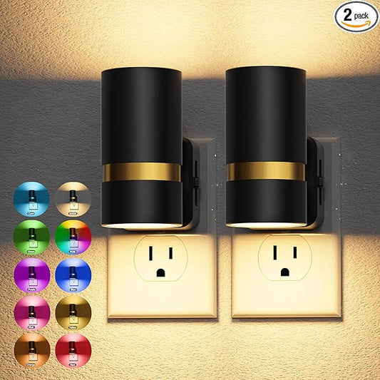 JandCase Night Lights Plug into Wall,2 Pack 10-Color Change RGB Night Light with Dusk to Dawn, 10/25/50/75/100LM Dimmable Plug in LED Nightlight for Bedroom, Hallway, Stairs