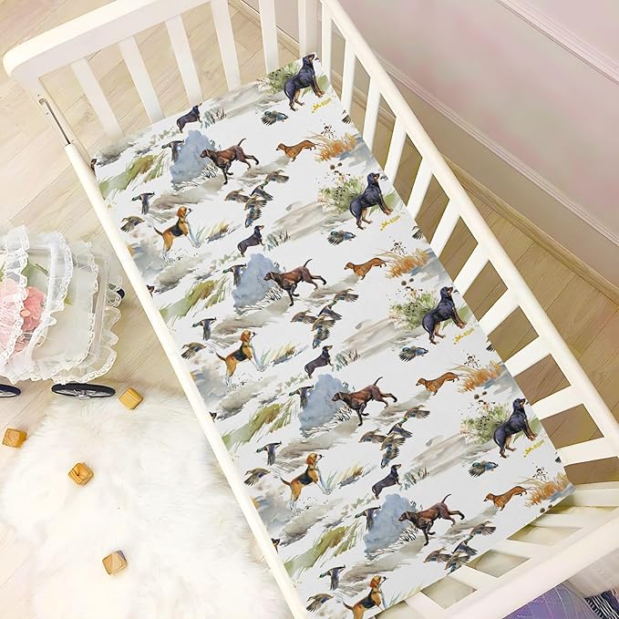 Fitted Crib Sheets for Baby Boys or Girls Soft Breathable Baby Play Yard Sheet for Standard Size Crib Mattress 52x28in Hunting Dogs and Ducks