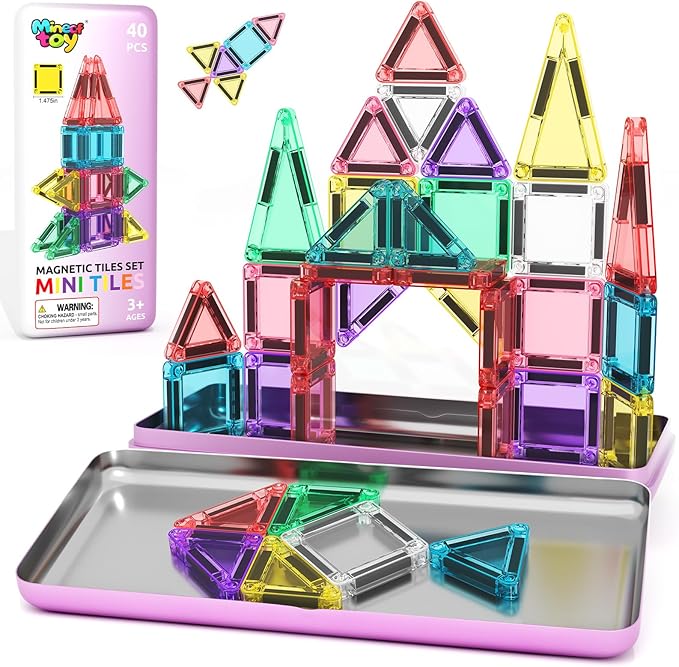40PCS Magnetic Tiles Mini Travel Essentials Toddler Toys with Case Set, Preschool Montessori Education Magnetic Building Blocks Games Sensory Toys for 3 4 5 Year Old Boys Girls Birthday Gifts