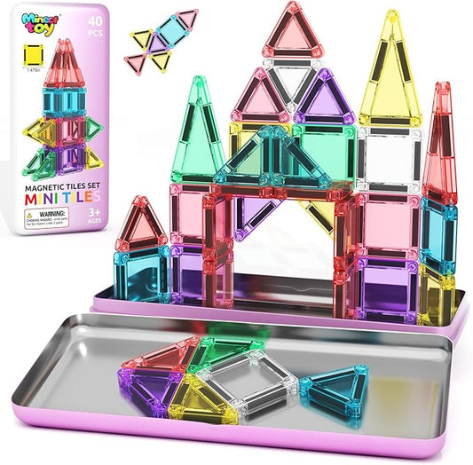 40PCS Magnetic Tiles Mini Travel Essentials Toddler Toys with Case Set, Preschool Montessori Education Magnetic Building Blocks Games Sensory Toys for 3 4 5 Year Old Boys Girls Birthday Gifts