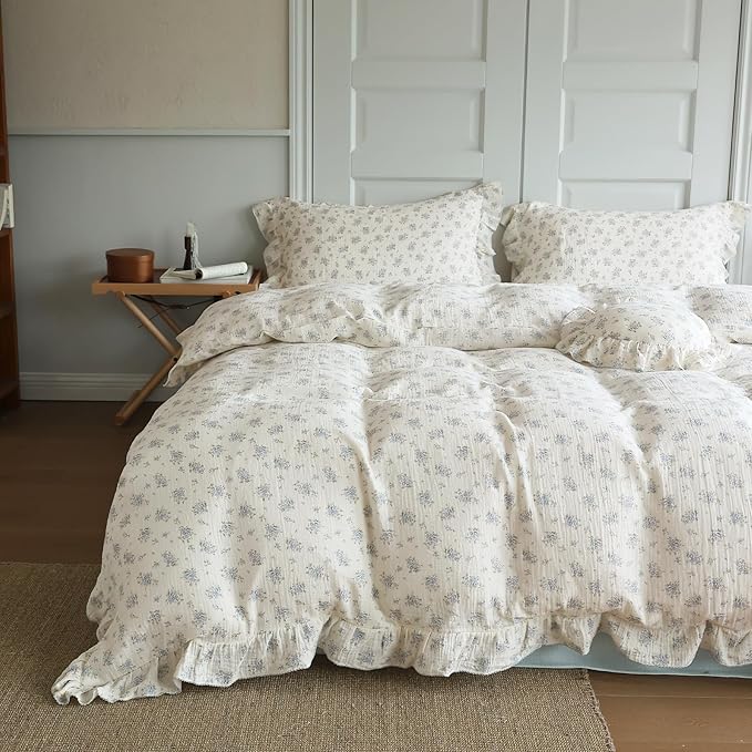 BuLuTu Blue Freesia Pattern Duvet Cover King, 2 Layers Cotton Muslin Quilt Cover with Zipper, Shabby Chic Ruffled Comforter Cover 90"x104" Floral Design Bedding, No Pillow, Machine Wash