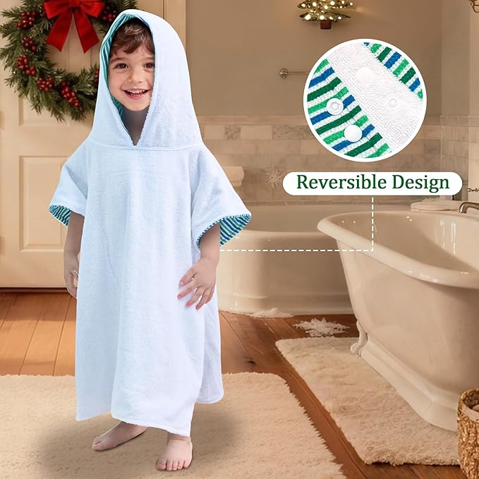 VOOVA & MOVAS Double-Layered Baby Hooded Towel Poncho (2-4 Years, 20x21 Inches) | Ultra Soft & Absorbent Cotton | Thick Toddler Bath Towel for Swimming, Beach, Shower & Winter, Green Stripe