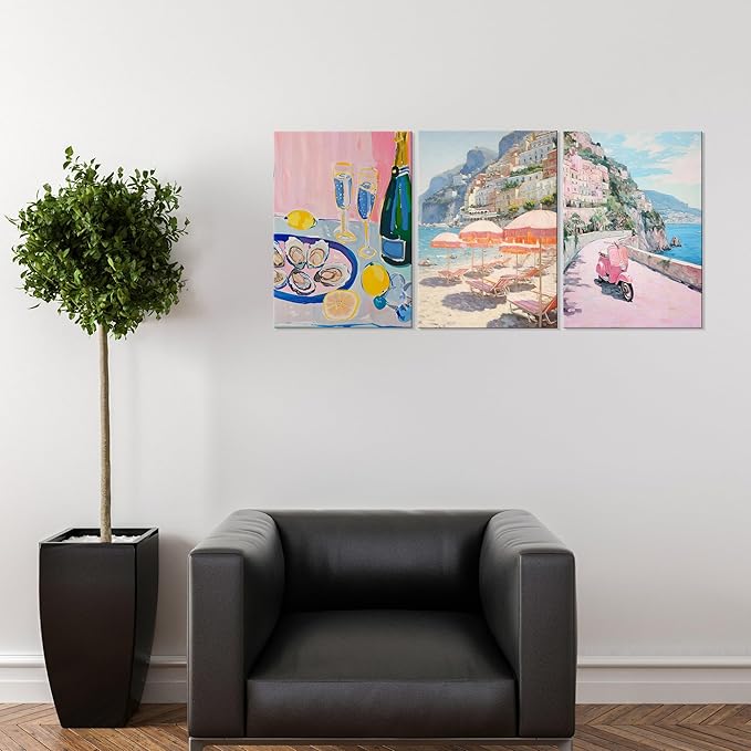 Framed Amalfi Coast Beach Wall Art Italian Beach Landscape Posters Pink Pastel Aesthetic Preppy Beachy Painting Prints Fruit Champagne Canvas Art Decor for Bar Girls Bedroom Dorm Apartment 24'' x 16''