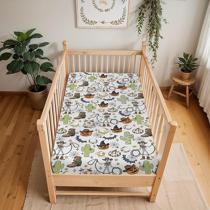 Western Halloween Cowboy Baby Crib Sheets for Boy Girl 52x28Inch Spooky Skeleton Pumpkin Cactus Witch Bats Soft Snug Fitted Crib Mattress Cover Wild West Country Baby Sheet for Crib & Toddler Mattress